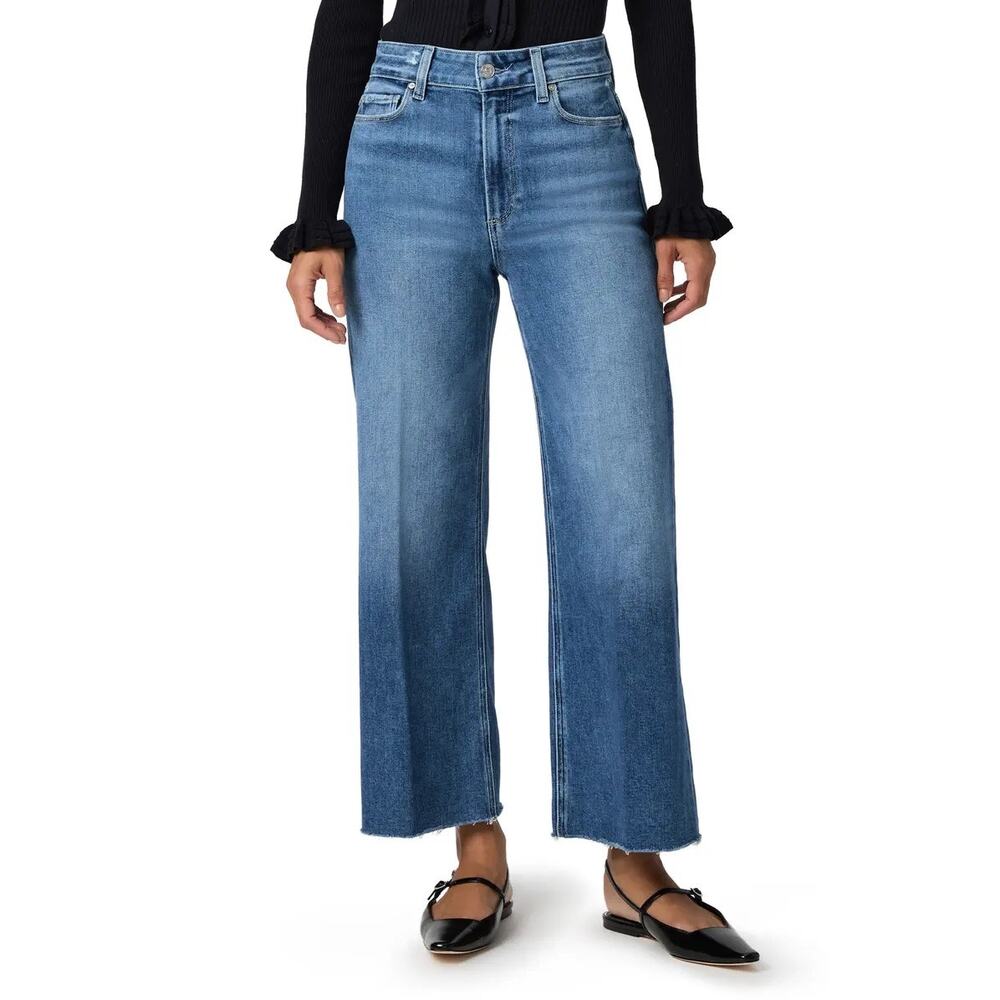 PAIGE Anessa High Waist Raw Hem Wide Leg Jeans Denim Blue Sz 24 Great!